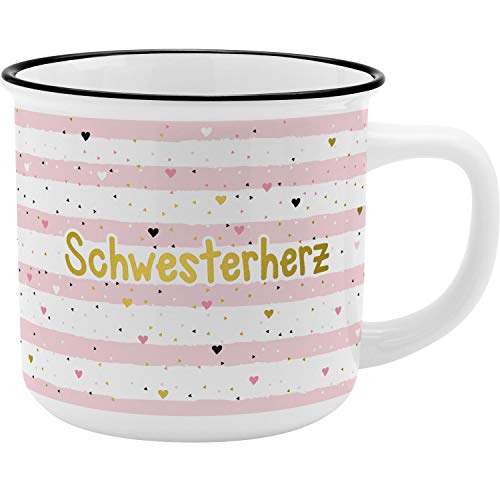 GRUSS & CO Becher Motiv "Schwesterherz" | New Bone China Porzellan, Emaille-Optik, 35 cl | Geschenk Schwester | 46978 von GRUSS & CO