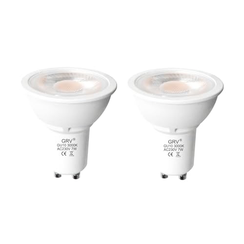 GRV GU10 7W AC220-240V Dimmbare 38-Grad-Winkel LED-Glühbirne,65W Glühlampe Ersatz-Schienenbeleuchtung Scheinwerfer Dunstabzugshaube,Wohnzimmer,Schlafzimmer 3000K warmweiß Glühbirne für Küche(2 Pack) von GRV