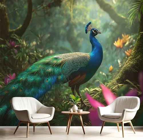 Fototapete 3D Seide Blaugrün Waldpfau 250X170Cm Natürliche Tiere Wandbild Tapete Panorama Für Wohnzimmer Schlafzimmer Erwachsene,Kinderzimmer,Restaurant Dekoration von GSAEIMCT