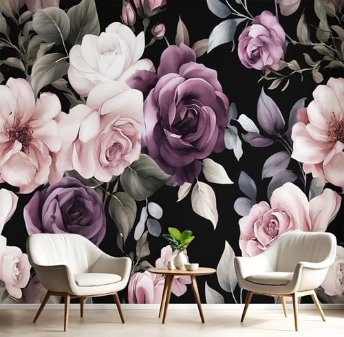Fototapete 3D Seide Rosa Lila Rosenblätter 450X300Cm Aquarellpflanzen Wandbild Tapete Panorama Für Wohnzimmer Schlafzimmer Erwachsene,Kinderzimmer,Restaurant Dekoration von GSAEIMCT