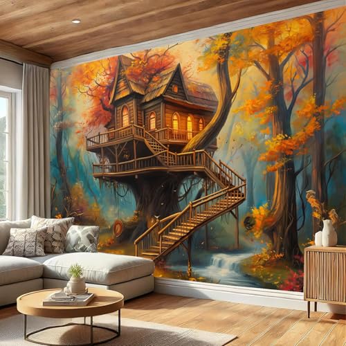 Fototapete Wandbild Waldbaumhaus 300X210Cm Tapeten Xxl Ölgemälde Landschaft Motivtapeten Wandtapete Dekoration Tapete 3D Effekt Für Wohnzimmer Schlafzimmer,Orange-Gelb Fototapete Wandbild Waldbaumhaus 300X210Cm Tapeten Xxl Ölgemälde Landschaft Motivtapeten Wandtapete Dekoration Tapete 3D Effekt Für Wohnzimmer Schlafzimmer,Orange-Gelb von GSAEIMCT