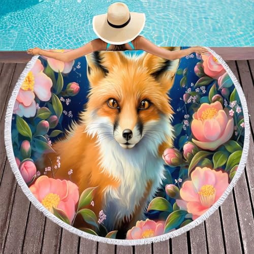 GSAEIMCT Blumenfuchs Strandtuch Rund Groß Rundes Runder Yoga Matte Tuch/Tischdecke Rund Aufhänger Decke Picknick Handgefertigt Teppich Süße Tiere 150Cm/60 Inch von GSAEIMCT