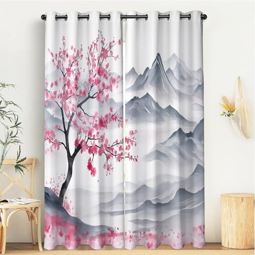Thermovorhang Kälteschutz Chinesische Malerei Gardinen mit Ösen 137x117 cm(HöhexBreite) Blickdichte Vorhänge Schlafzimmer Blackout Curtain Verdunkelung, Tinte Berg Bäume, 2er Set von GSAEIMCT