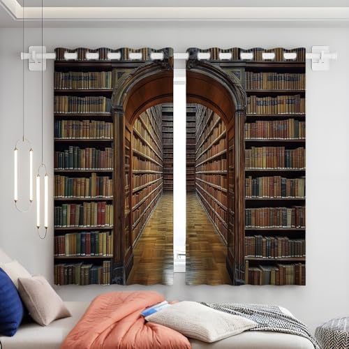 GSAEIMCT Vorhang Blickdicht ösen 2er Set Bücherregal-3D-Bibliothek Muster Gardine Lichtundurchlässig Fenstervorhang Wohnzimmer Schlafzimmer Größe:2X 245x140 cm(HöhexBreite) von GSAEIMCT