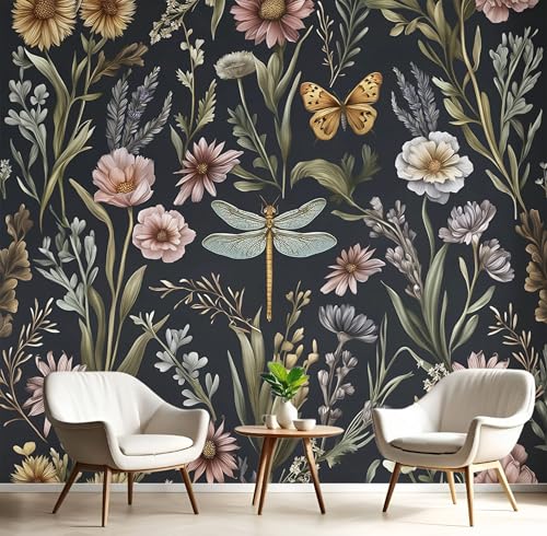 GSAEIMCT Wandbild 3D Grün Wildblumen Und Schmetterlinge Große Wandbilder Wände,Retro-Pflanzen Für Wohnzimmer Schlafzimmer Wandkunst Büro Flur Dekoration Tapete Wandmalereien Dekoration,400X280Cm von GSAEIMCT