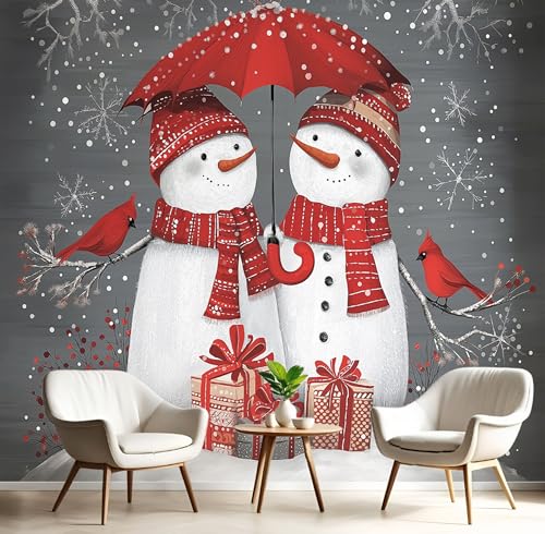 Rot Weiß Schneemann Mit Rotem Regenschirm Fototapete,Wandbild Weihnachtsgeschenke 3D Effekt Aus Seide Tapeten Wandbilder Für Wohnzimmer Schlafzimmer Kinderzimmer Dekoration Wanddeko,200X140Cm von GSAEIMCT