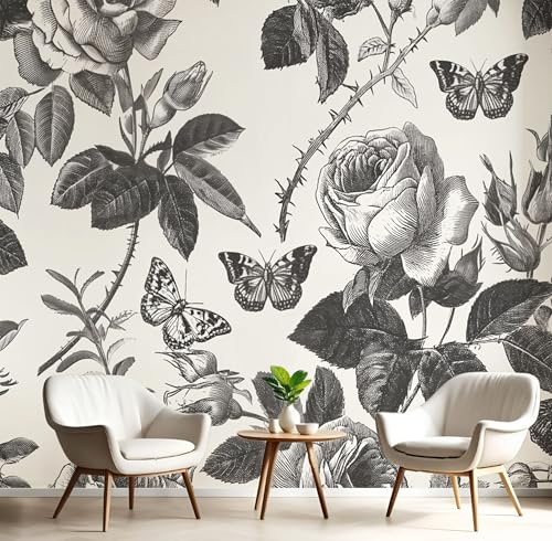 Schwarz Weiß Rosenschmetterling Fototapete,Wandbild Retro-Pflanzen 3D Effekt Aus Seide Tapeten Wandbilder Für Wohnzimmer Schlafzimmer Kinderzimmer Dekoration Wanddeko,400X280Cm Schwarz Weiß Rosenschmetterling Fototapete,Wandbild Retro-Pflanzen 3D Effekt Aus Seide Tapeten Wandbilder Für Wohnzimmer Schlafzimmer Kinderzimmer Dekoration Wanddeko,400X280Cm von GSAEIMCT