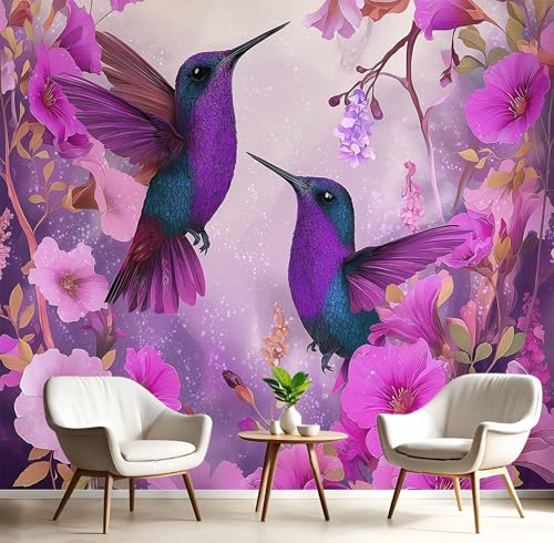 Tapete 3D Fototapete Rötlich-Violett Kolibri-Blumen 200X140Cm Wandbild Fototapeten,Natürliche Pflanzen Tapeten Wandtapete Schlafzimmer Wohnzimmer Tv Hintergrund Wand Moderne Wanddeko von GSAEIMCT