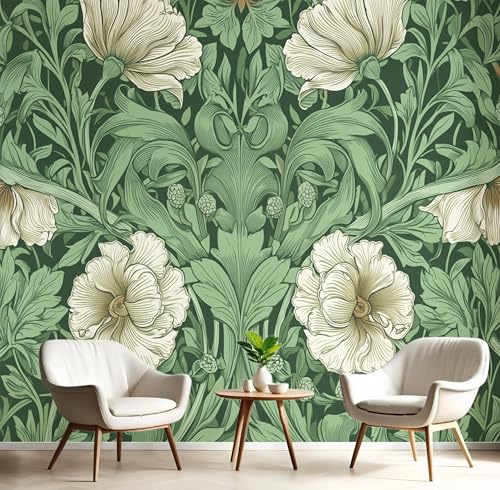 Weiß Grün Blumen Grüne Blätter Fototapete,Wandbild William Morris-Werk 3D Effekt Aus Seide Tapeten Wandbilder Für Wohnzimmer Schlafzimmer Kinderzimmer Dekoration Wanddeko,350X260Cm von GSAEIMCT