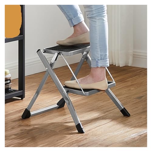 2-Stufen-Leiter, robuster Stahl, zusammenklappbar, tragbar, mit Anti-Rutsch-Matte, maximale Tragkraft bis zu 150 kg(Grey) von GSCLZ