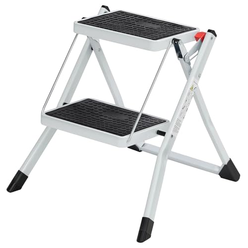 2-Stufen-Leiter, robuster Stahl, zusammenklappbar, tragbar, mit Anti-Rutsch-Matte, maximale Tragkraft bis zu 150 kg(White) von GSCLZ