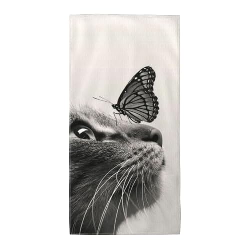 GSGCSBYMLG Langes Handtuch mit Katzen- und Schmetterlings-Motiv, Polyester-Fleece von GSGCSBYMLG