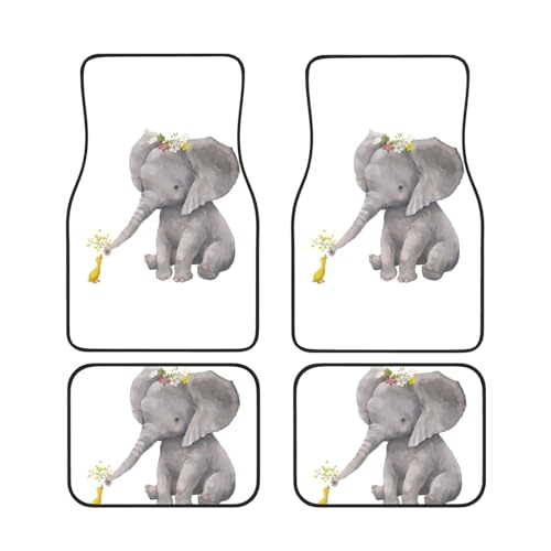 GSGCSBYMLG Niedlicher Elefant mit Kranz und kleiner Ente bedruckte Auto-Fußmatten, Set mit vier dekorativen Fußmatten von GSGCSBYMLG