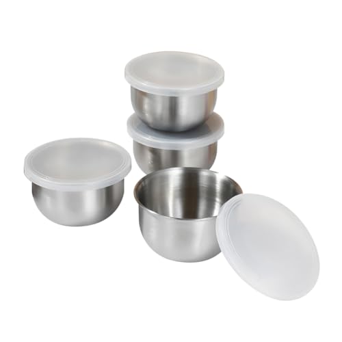 GSHLLO 4 Stück 140 ml Edelstahl Quetschschalen Metall Zutat Dip-Schalen Mini einzelne Soßenschalen Kochen Gewürzschale kleine Salz- und Pfefferschale mit Kunststoffdeckel von GSHLLO