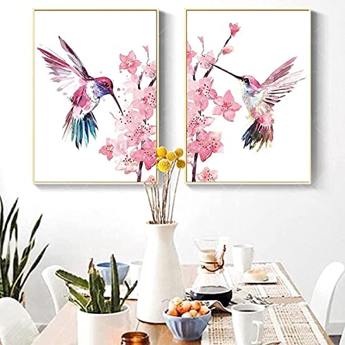 Drucke Poster Kolibris auf der Sakura Wandkunst Kirschblüte The Girl Kindergarten Künstler Residence Leinwand rahmenlos 40 × 50 cm × 2 Stück von GSHRED