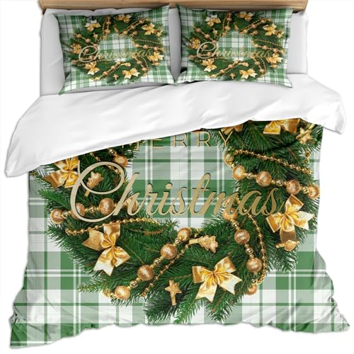 Bettwäsche 200X200Cm 3D Weihnachtskunst Grün Weiß Kariert Druck Modern Bettwäsche Set Weiche Microfaser Doppelbett Bettwäsche 1 Bettbezug Und 2 Kissenbezug 80X80Cm Mit Reißverschluss, Hypoallergen von GSKOQD