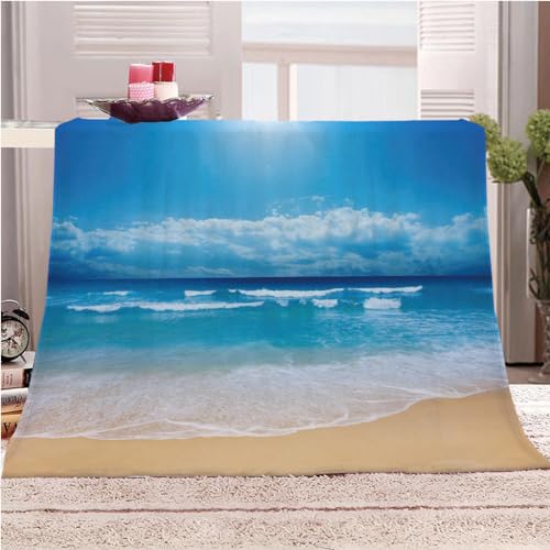 GSKOQD 3D Strand Blaues Meer Szenerie Decken Sofa, Decke Flanell, Kuscheldecke Wohndecke Tagesdecke Decke 180x200Cm Superweiche Decke Sofadecke Für Erwachsene, Und Kinder Sherpa-Decke Für Couch von GSKOQD