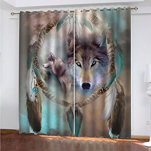 GSKOQD Gardinen Wohnzimmer Schlafzimmer 3D Druck Traumfänger Tier Wolf Muster Blickdichter Vorhang Verdunkelungsvorhänge 214 X 260 cm（H X B） Ösenvorhang 2Er Set Fensterdekoration Vorhänge Blickdicht von GSKOQD