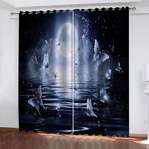 GSKOQD Verdunkelungsvorhang Kinderzimmer Vorhänge Blickdicht 240X230Cm (B X H) 3D Digitaldruck Mond-Schmetterling-Nachtszene Ösenschal 2Er Set Vorhang Wohnzimmer Schlafzimmer Thermogardine von GSKOQD