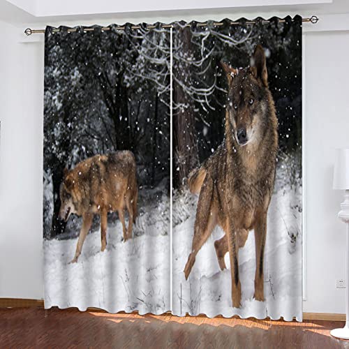 GSKOQD Vorhang Blickdicht Vorhänge Verdunkelungsvorhang Gardinen Mit Ösen Kinderzimmer Wohnzimmer Schlafzimmer Thermovorhang 3D Waldtier-Wolf-Schneeszene Ösenschal 2Er Set 260X214Cm (B X H) von GSKOQD