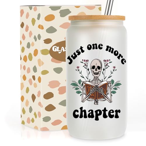 GSPY Buchliebhaber-Geschenke, 473 ml, Eiskaffeetasse, Just One More Chapter Glasbecher mit Deckel und Strohhalmen – Buchclub-Geschenke, Valentinstags-Lesegeschenke für Frauen, Leser, Bücherwurm, von GSPY