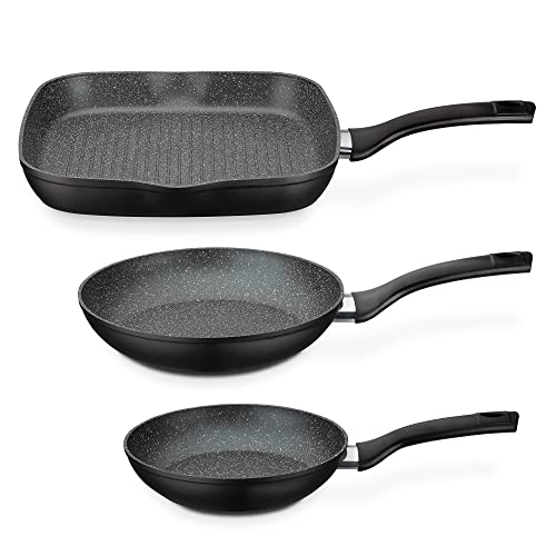 GSW Pfannen-Set Gourmet Granit – hochwertiges Pfannenset bestehend aus 2 Bratpfannen und 1 Grillpfanne, auch für Induktion, Antihaftbeschichtung – Aluminium, 3-teilig von GSW