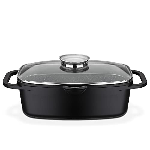 GSW Universalbräter Gourmet Granit – hochwertiger Bräter mit Deckel, ideal zum Schmoren, Grillen und Braten, auch für Induktion und Backofen – Schwarz, Aluguss, 6 Liter von GSW