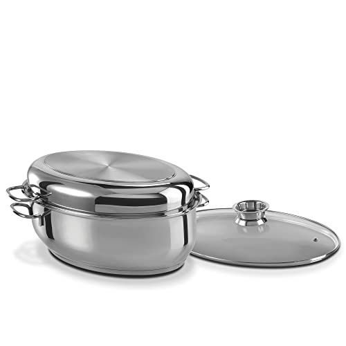 GSW 411318 3in1 Multibräter 3-in-1 – hochwertiger 2 Deckeln, ideal zum Schmoren, Dünsten und Braten, auch für Induktion und Backofen – Edelstahl, rostfrei, 8,5 Liter, 18/8, Glas, 7 liters, Silber von GSW