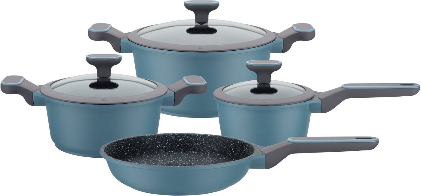 GSW Topf-Set Blue Granit, Aluminiumguss (Set, 7-tlg., Kochtopf 20/24 cm, 1 Stielkasserolle 16 cm, 1 Bratpfanne 24 cm), Induktion von GSW