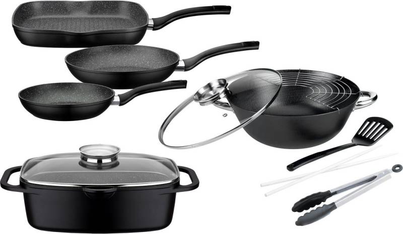 GSW Topf-Set Gourmet Granit, Aluminiumguss (Set, 7-tlg., 3 Pfannen, 1 Bräter, 1 Multi-Wok, 1 Kochzange, 1 Pfannenwender), Induktion von GSW