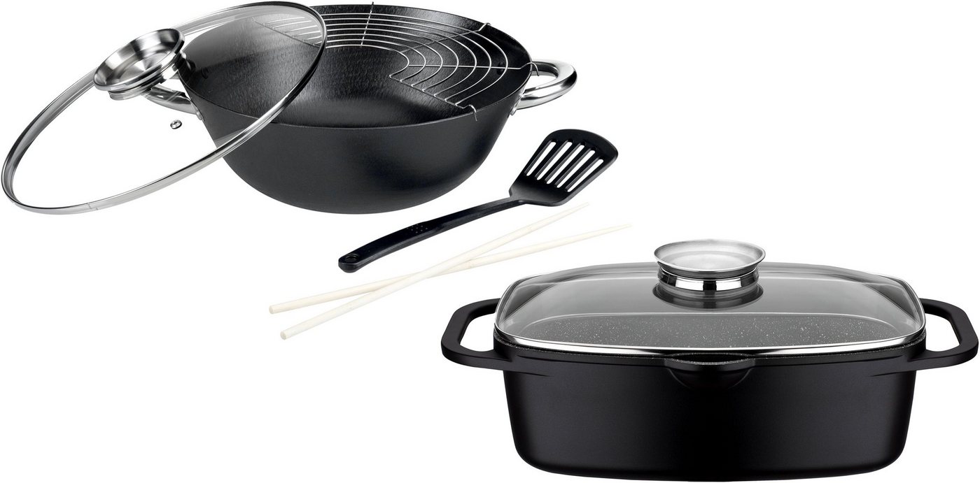 GSW Topf-Set Gourmet Granit, Gusseisen (Set, 4-tlg., 1 Bräter 32cm, 1 Wok Ø32cm, mit Deckel, Gittereinsatz, Pfannenwender), Induktion von GSW