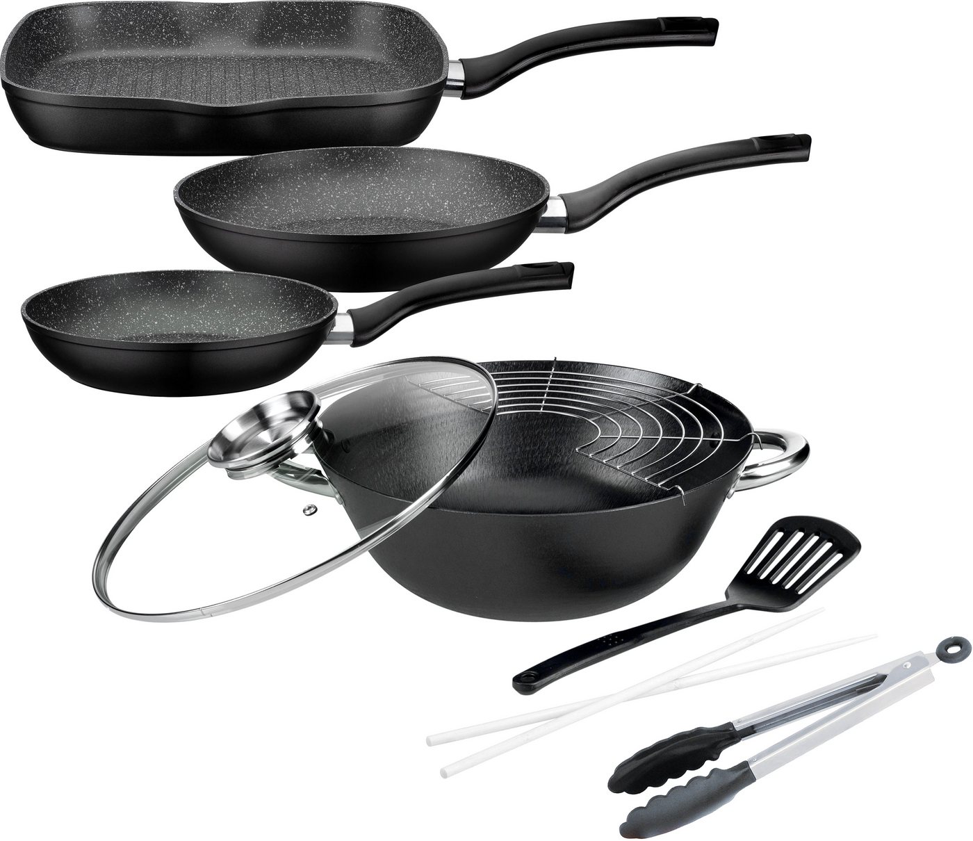 GSW Topf-Set Gourmet Granit, Gusseisen (Set, 6-tlg., 1x Bratpfanne Ø 20/24 cm, 1x Grillpfanne 28 x 28 cm, 1x Wok Ø 32 cm), Induktion von GSW