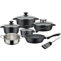 GSW Topf-Set "Gourmet Granit" Aluminiumguss Set, Kochtopf 20/24, Stieltopf 16, 2 Pfannen 24cm, 1 Dämpfer, Pfannenwender, 11 Stk. tlg. Induktion von GSW