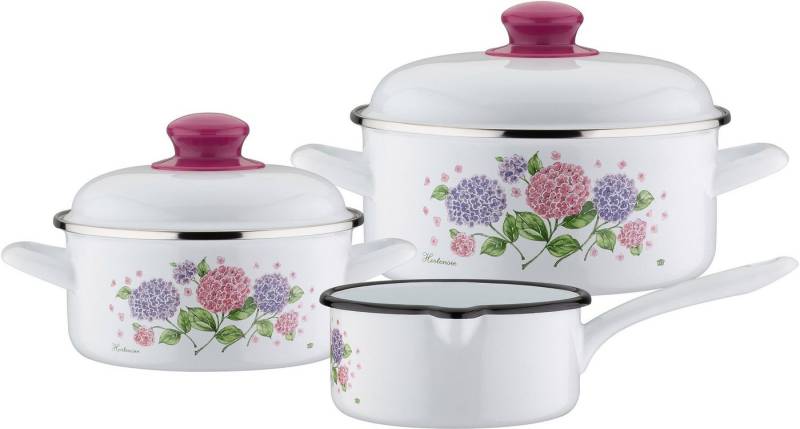 GSW Topf-Set Hortensie, Stahl-Emaille (Set, 5-tlg., 1x Kochtopf Ø 16 cm, 1x Kochtopf Ø 20 cm, 1x Stielkasserolle Ø 16 cm), Induktion von GSW