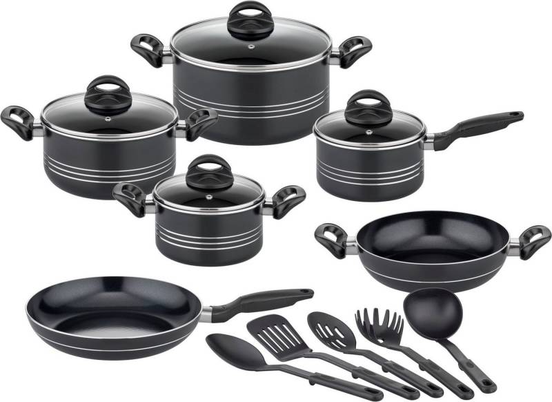 GSW Topf-Set Milano, inkl. 5-teiliges Küchenhelfer-Set, Aluminium, Kunststoff (Set, 15-tlg., je 1 Kochtopf 16/20/24cm, 1 Stielkasserolle 16cm, je 1 Pfanne 24/28cm), Kochtopf-Set mit Antihaft-Versiegelung, Induktion von GSW