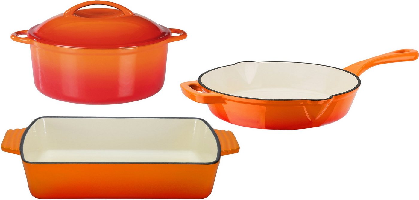 GSW Topf-Set Orange Shadow, Gusseisen (Set, 4-tlg., 1x Kochtopf Ø 24 cm, 1x Bratpfanne Ø 26 cm, 1 Auflaufform 35x 21 cm), Induktion von GSW