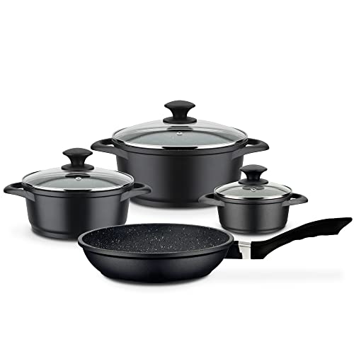GSW Kochtopf- und Pfannenset Gourmet Granit – hochwertiges Set bestehend aus Töpfen und Pfanne, inkl. Deckel, auch für Induktion und Backofen – Aluguss, 7-teilig, Schwarz von GSW