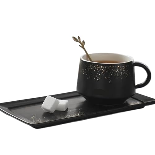GSXLZ Kaffeetassen 250ml Kreative Keramik Kaffeetasse Set Mit Tablett Und Löffel Wasser Tee(Black) von GSXLZ