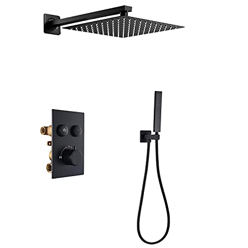 Schwarze Regendusche Thermostatische Dusche Wasserhahn Set Wandmontage Dusche Combo Set Messing Regenmixer Dusche mit Handheld Dusche, Duschkopf, 16 Zoll Schwarze Regendusche Thermostatische Dusche Wasserhahn Set Wandmontage Dusche Combo Set Messing Regenmixer Dusche mit Handheld Dusche, Duschkopf, 16 Zoll von GSZCCZS