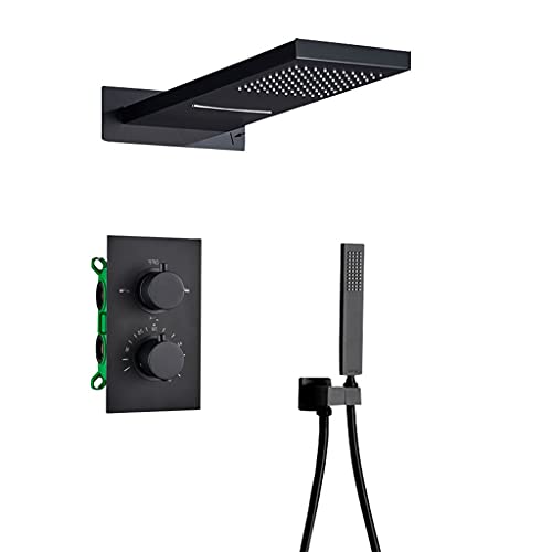 Schwarze thermostatische Duscharmäuren Set Regenwasserfall Duschkopf mit 3-Wege-Thermostatischen Mischhahn-Tapbad-Duschhahn (Größe: E) (OneColor B) (OneColor F) von GSZCCZS