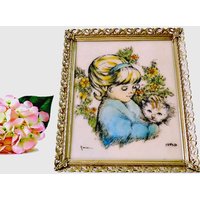 Vintage Geätztes Bild Mädchen Mit Kätzchen, Ormolu Messingrahmen, Signierter Nummerierter Druck von GSaleHunter
