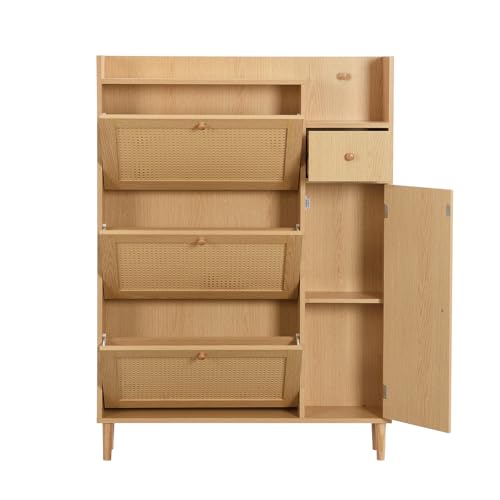 Schuhschrank aus Holz mit Rattantüren,versteckter schmaler Schuhregal-Organizer-Schrank,Schuhschrank für den Eingangsbereich mit 3 Klappschubladen und 1 Schublade,für den Eingangsbereich, Wohnzimmer Schuhschrank aus Holz mit Rattantüren,versteckter schmaler Schuhregal-Organizer-Schrank,Schuhschrank für den Eingangsbereich mit 3 Klappschubladen und 1 Schublade,für den Eingangsbereich, Wohnzimmer von GTANND