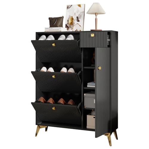 Schuhschrank mit 3 Klappschubladen | Schmaler Schuhregal-Organizer | Herunterziehbarer Schuhschrank aus Holz, schmaler Schuhschrank, für den Eingangsbereich im Flur,Black Schuhschrank mit 3 Klappschubladen | Schmaler Schuhregal-Organizer | Herunterziehbarer Schuhschrank aus Holz, schmaler Schuhschrank, für den Eingangsbereich im Flur,Black von GTANND