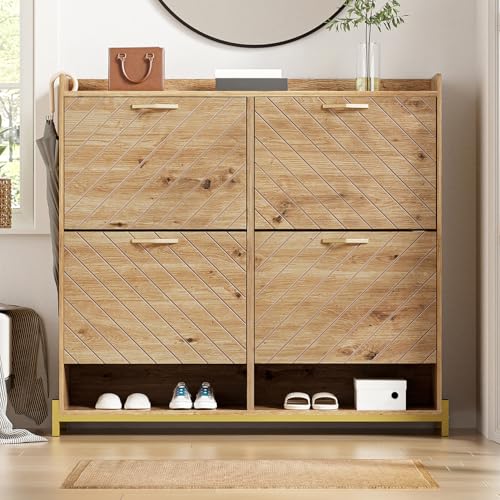 Schuhschrank mit 4 Klappschubladen, modernes Schuhregal aus Holz, stehender versteckter schmaler Schuhschrank-Organizer mit Regalen und Metallbeinen, für Eingangsbereich, Flur, Foyer,A Schuhschrank mit 4 Klappschubladen, modernes Schuhregal aus Holz, stehender versteckter schmaler Schuhschrank-Organizer mit Regalen und Metallbeinen, für Eingangsbereich, Flur, Foyer,A von GTANND