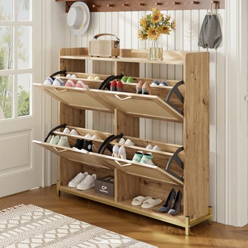 Schuhschrank mit 4 Klappschubladen, modernes Schuhregal aus Holz, stehender versteckter schmaler Schuhschrank-Organizer mit Regalen und Metallbeinen, für Eingangsbereich, Flur, Foyer,B Schuhschrank mit 4 Klappschubladen, modernes Schuhregal aus Holz, stehender versteckter schmaler Schuhschrank-Organizer mit Regalen und Metallbeinen, für Eingangsbereich, Flur, Foyer,B von GTANND