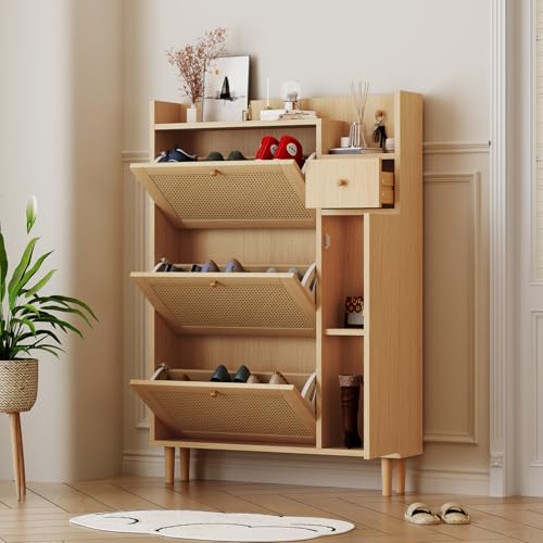 Verstecktes freistehendes Schuhregal, Schuhschrank aus Holzrattan mit 3 Klappschubladen und 1 ausziehbaren Schublade, verstellbarem Regal, schmaler Schuhschrank für Eingangsbereich/Veranda Verstecktes freistehendes Schuhregal, Schuhschrank aus Holzrattan mit 3 Klappschubladen und 1 ausziehbaren Schublade, verstellbarem Regal, schmaler Schuhschrank für Eingangsbereich/Veranda von GTANND