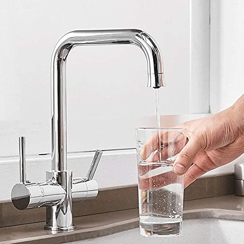 3-Wege-Wasserfilter Küchenspüle Mischbatterie, Doppelhebel 360° Drehbarer Wasserhahn für reines Trinkwasser, Beige Beschichtung von GTATBTG