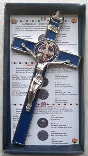 GTBITALY 10.004.11 Blaues Kreuz des Heiligen Benedikt-Kreuzes Silber 20 cm Medaille von Hand emailliert mit Geschenkbox und Gebetskette. von GTBITALY