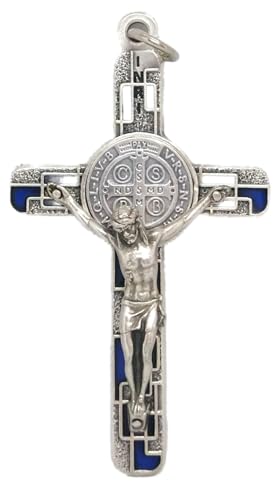 GTBITALY 10.674.31 ms Kreuz des heiligen Benedikts Silber mit Mosaiklack mit Ring 8 cm Exorzismus Blau von GTBITALY