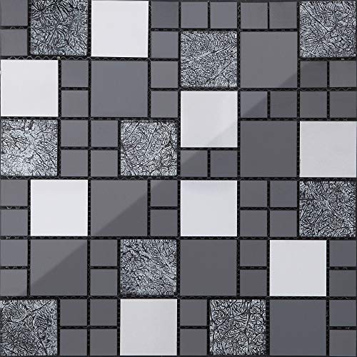 3-er Glas und Edelstahl Mosaik Fliesen Matte in Schwarz und Silber 3 Pack 30cm x 30cm x 8mm Matten (MT0002 x 3) von Complement